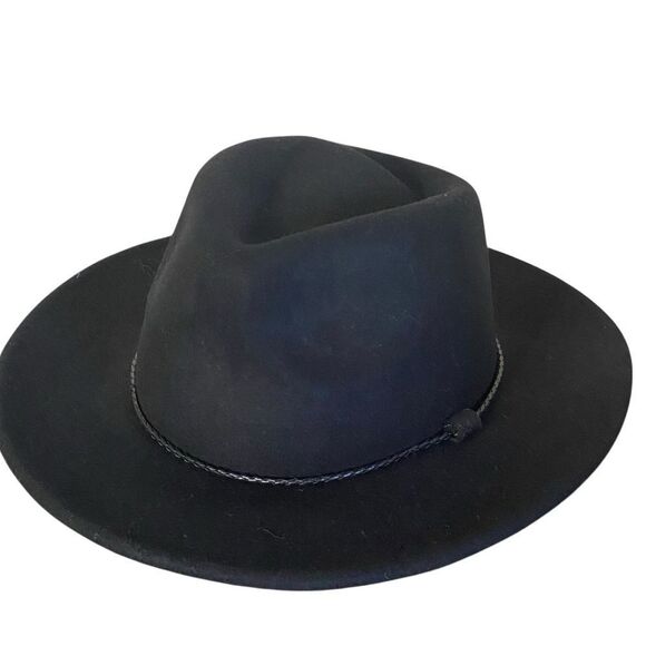 Black Wide Brim Braided Faux Leather Band Fedora Hat NWT main image 4